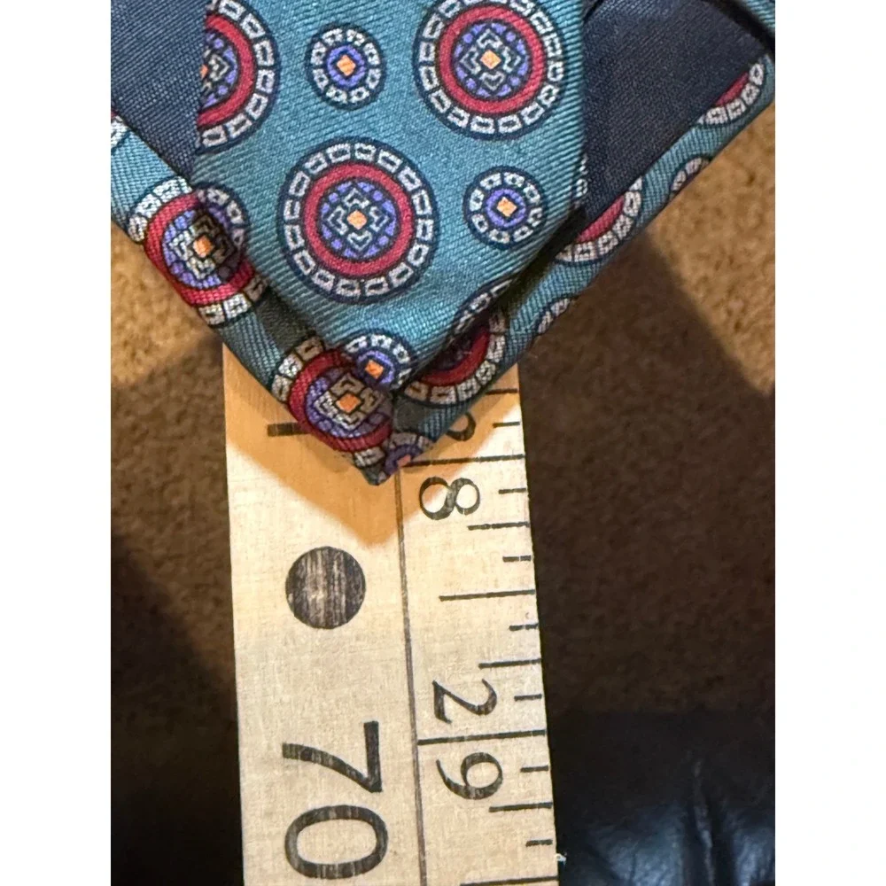 Raleighs Mens Silk Tie Teal Medallion Geometric Handmade USA English Foulard